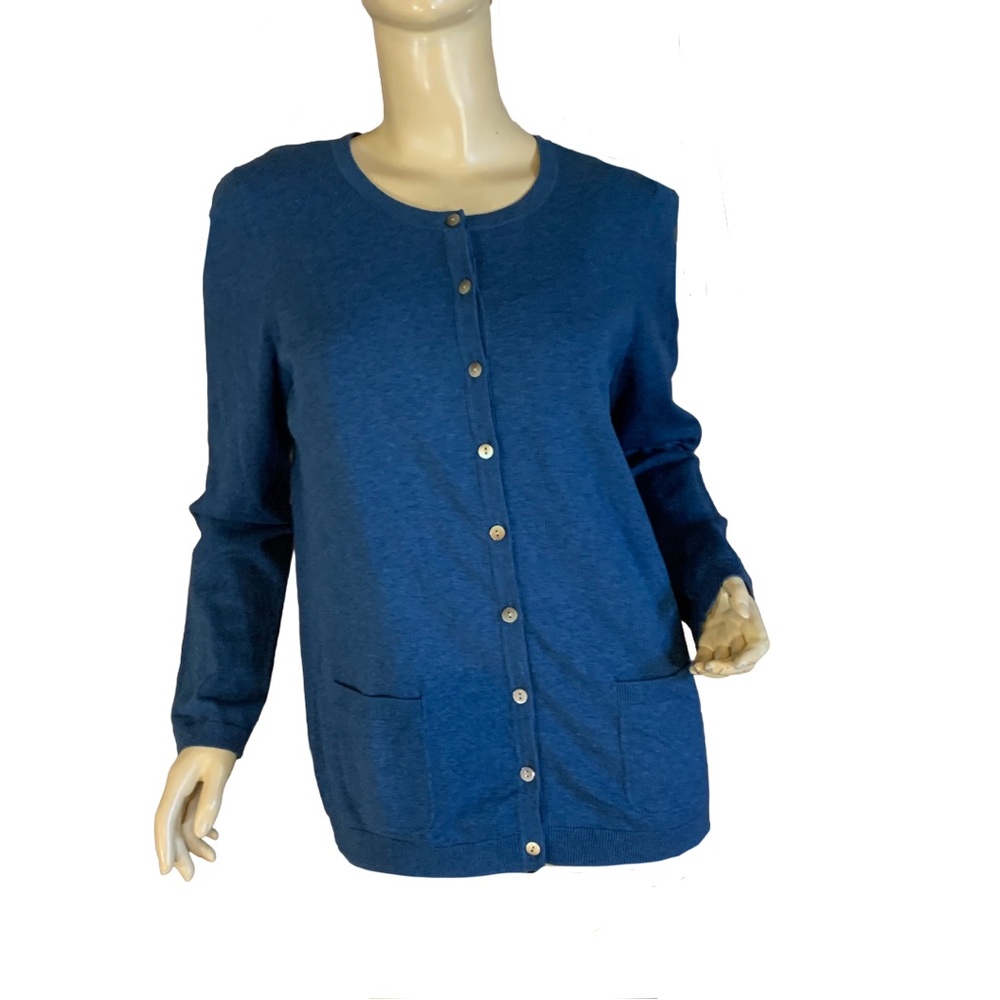 TALBOTS TEAL BLUE PIMA COTTOB BUTTON FRONT CARDIGAN SWEATER (L) - Picture 2 of 11